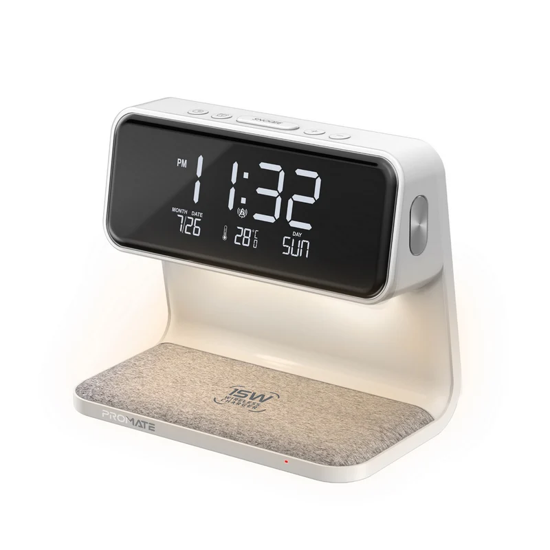 Promate Lumix-15W Multi-Function LED Alarm Clock with 15W Wireless Charger - White