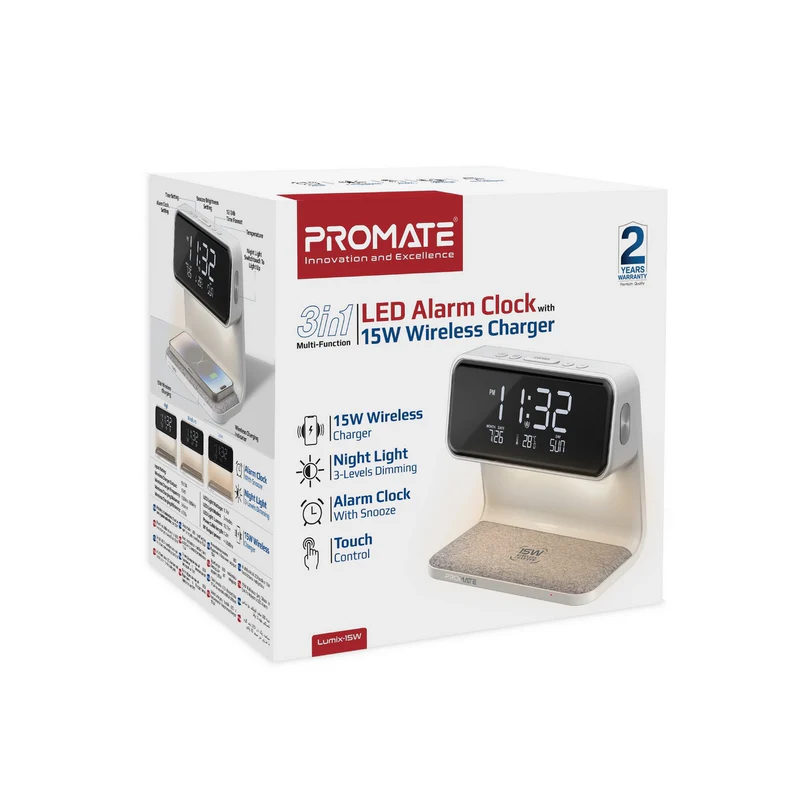 Promate Lumix-15W Multi-Function LED Alarm Clock with 15W Wireless Charger - White