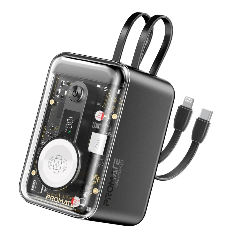 Promate Mavrix-20 65W Multi-Device Charging Transparent Power Bank with Built-In USB-C & Lightning Cable