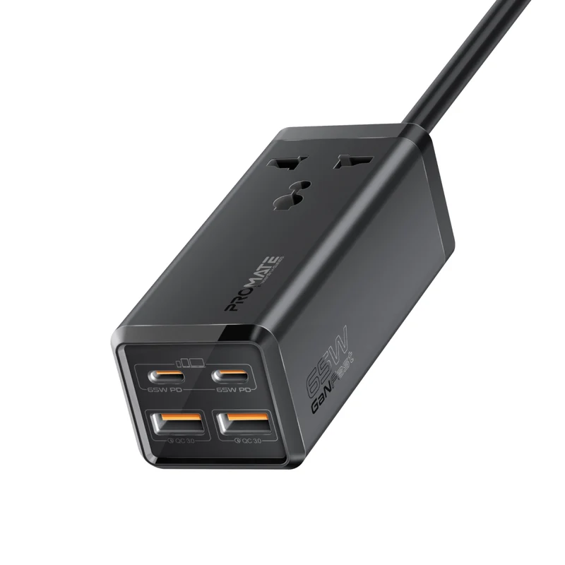 Promate PowerBrix-GaN65 65W GaNFast Multi-Port Power Strip with Universal AC Socket