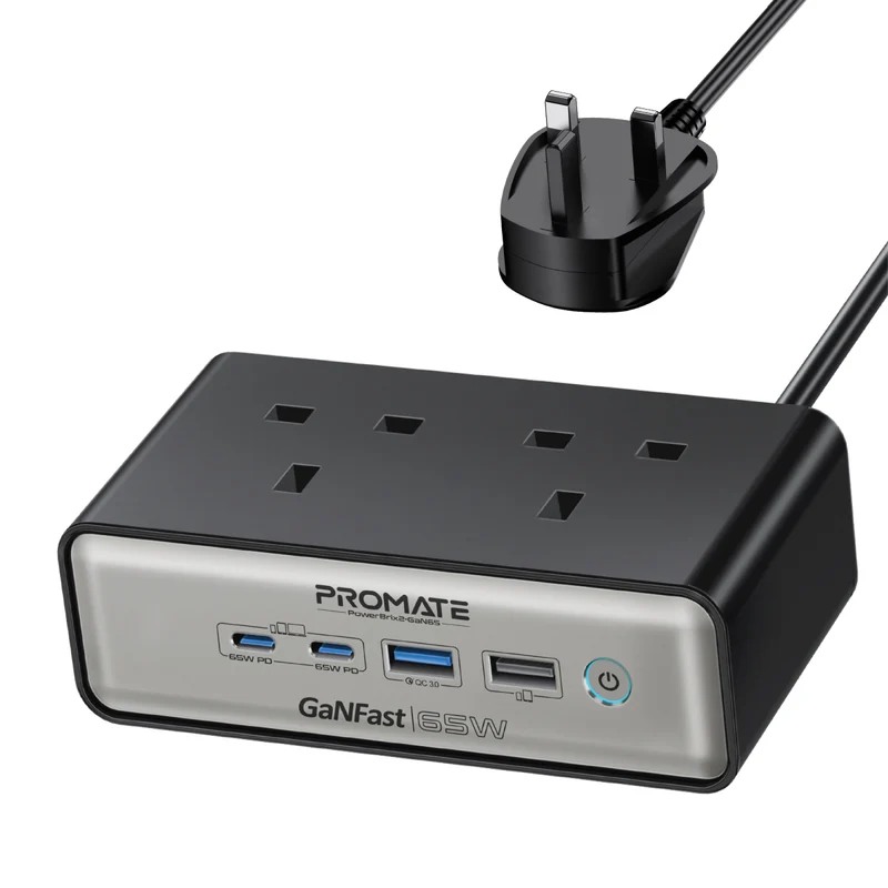 Promate PowerBrix2-GaN65 65W Power Delivery GaNFast Charging Station with 3250W Dual AC Socket