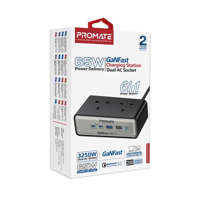 Promate PowerBrix2-GaN65 65W Power Delivery GaNFast Charging Station with 3250W Dual AC Socket