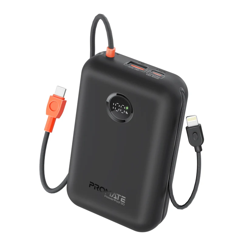 Promate PowerPod-30 30000mAh Compact Power Bank with Built-In USB-C & Lightning Cable - Black