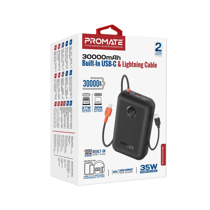 Promate PowerPod-30 30000mAh Compact Power Bank with Built-In USB-C & Lightning Cable - Black