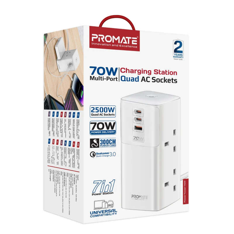 Promate PowerTower 70W Multi-Port Charging Station with Quad AC Sockets