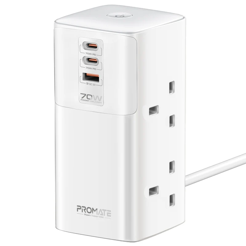 Promate PowerTower 70W Multi-Port Charging Station with Quad AC Sockets