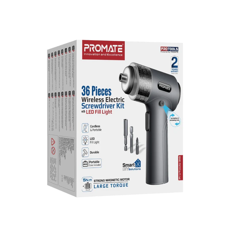 Promate ProTools-31G, Wireless Electric Screwdriver Kit with LED Fill Light