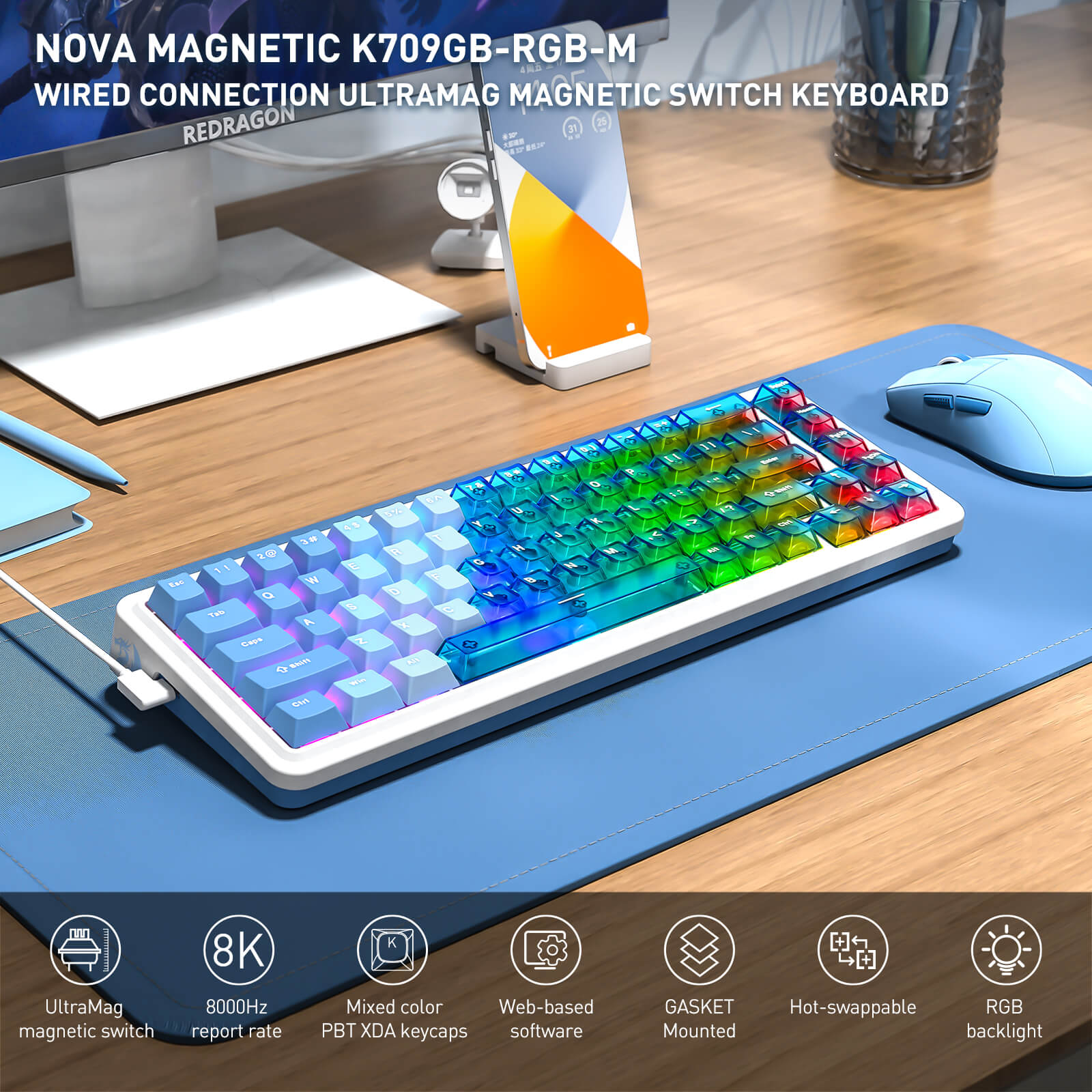 REDRAGON NOVA K709 HE Rapid Trigger Gaming Keyboard Transparent Blue REDRAGON NOVA K709 HE Rapid Trigger Gaming Keyboard Transparent Blue