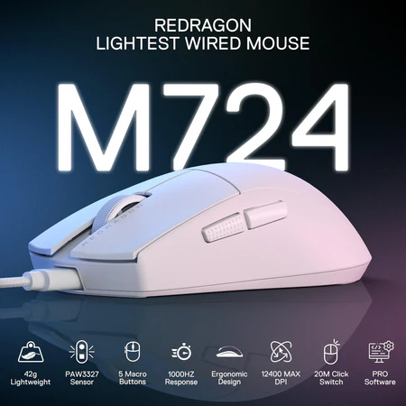 Redragon King 1K Wired Ultra Light-Weight  Wired Gaming Mouse - White