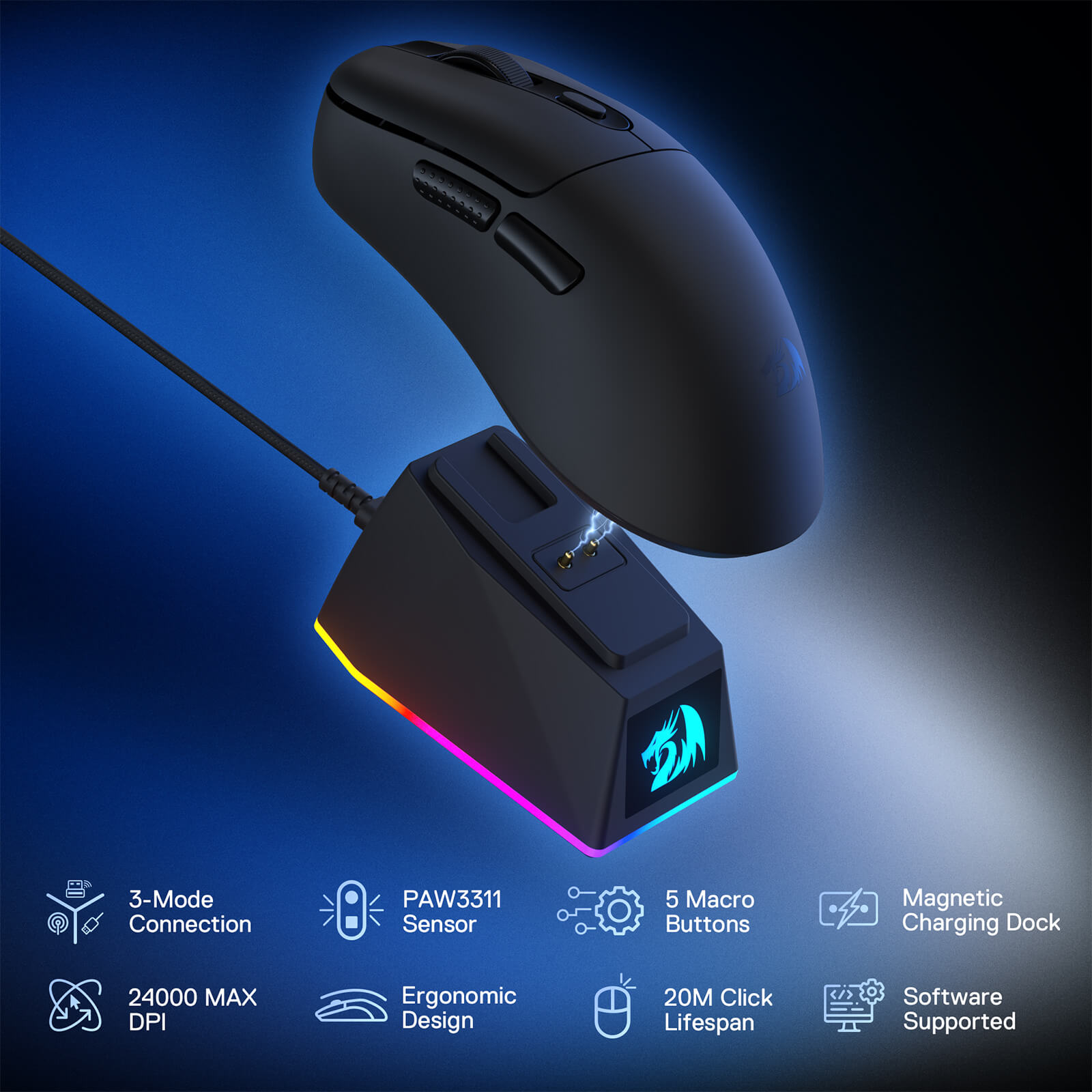 REDRAGON EBONY STANDARD M998-STD-1K 24000 DPI WIRELESS BLACK GAMING MOUSE