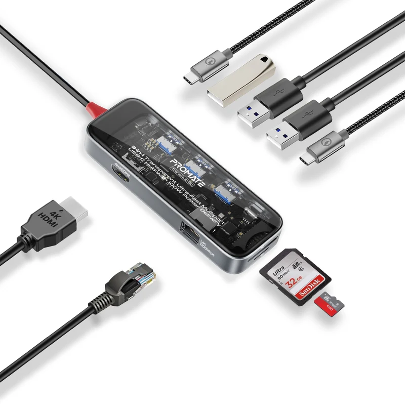 Promate TransHub-Go USB-C™ Hub 9-in-1 Multi-Display Media Hub 4K@60Hz