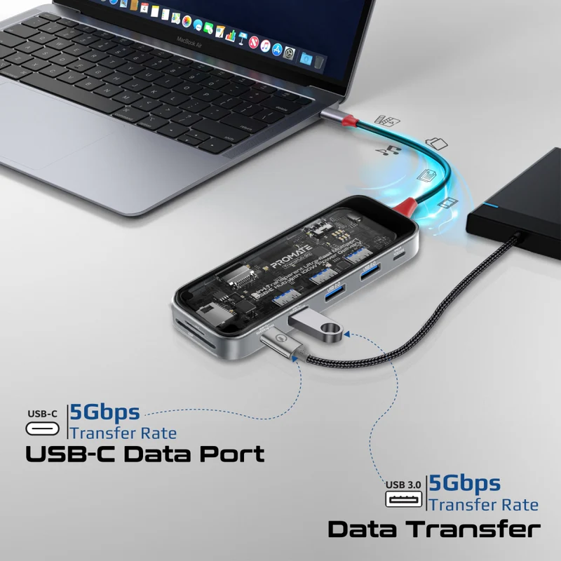 Promate TransHub-Go USB-C™ Hub 9-in-1 Multi-Display Media Hub 4K@60Hz