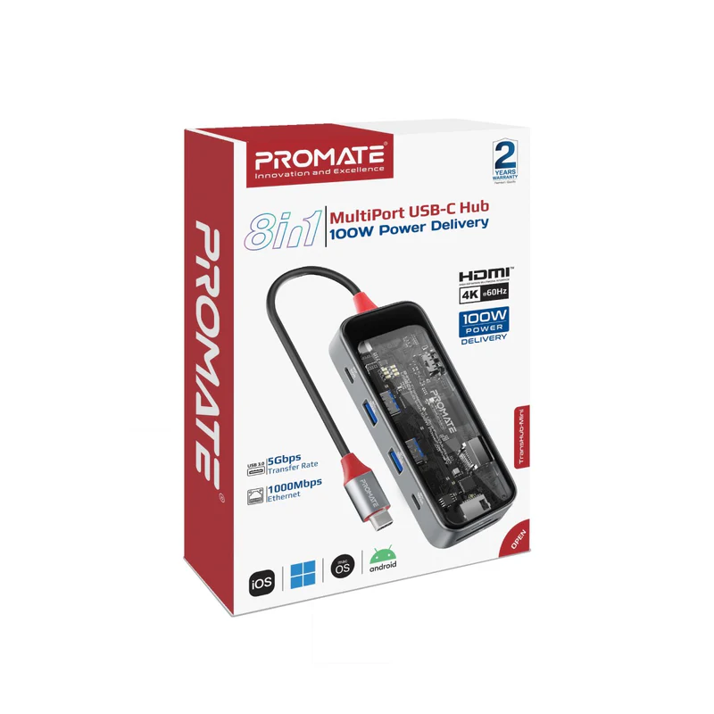 Promate Transhub-Mini USB-C™ Hub 8-in-1 Media Hub 4K@60Hz