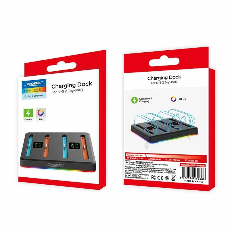 DOBE TNS-3160 Switch2 4-Controller Charging Dock RGB Lighting Wall Mountable Gaming Accessories with Buzzer Alert - Black