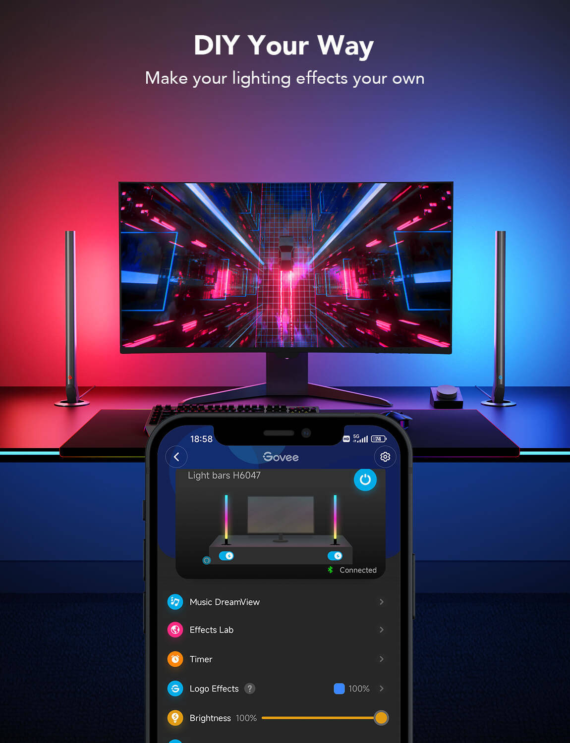 Govee RGBIC Wi-Fi Gaming Light Bars, Smart Dial Controller, RGBIC Technology, 2.4GHz Wi-Fi + Bluetooth Connectivity