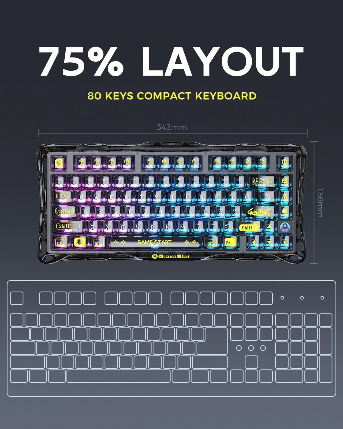 GravaStar Mercury K1 Lite 75% Wireless Mechanical Gaming Keyboard Transparent Black