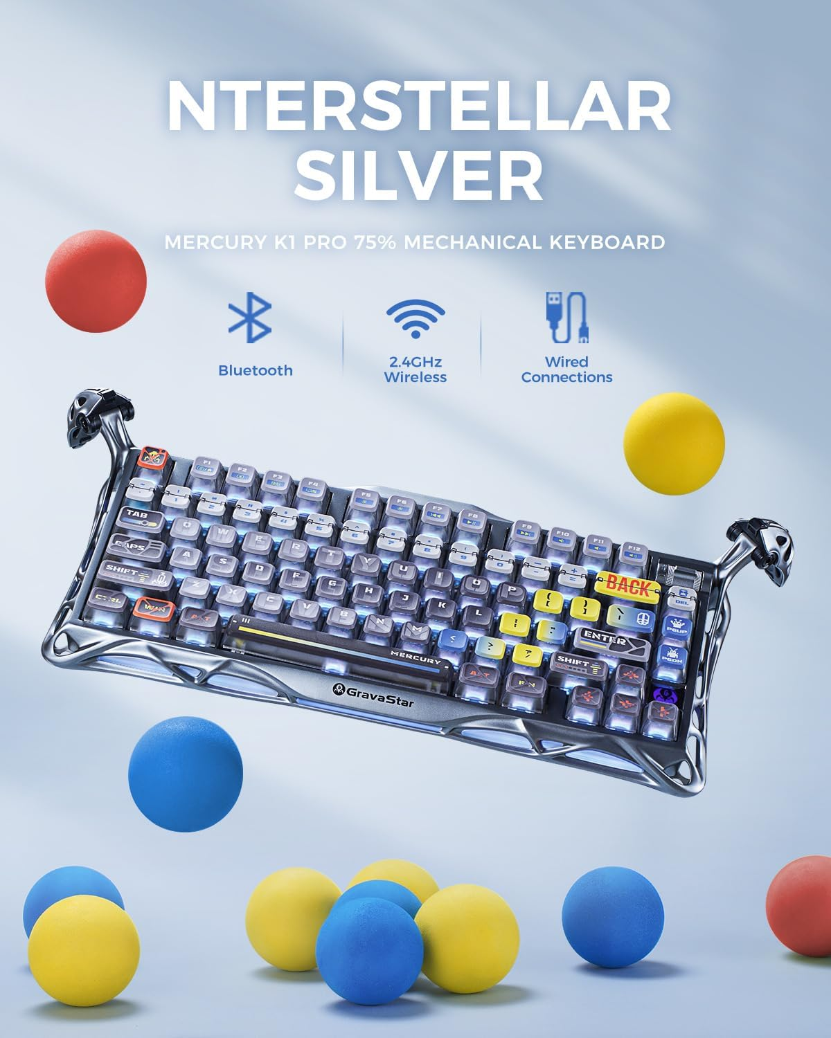 GravaStar Mercury K1 Pro 75% Wireless Mechanical Gaming Keyboard Interstellar Silver