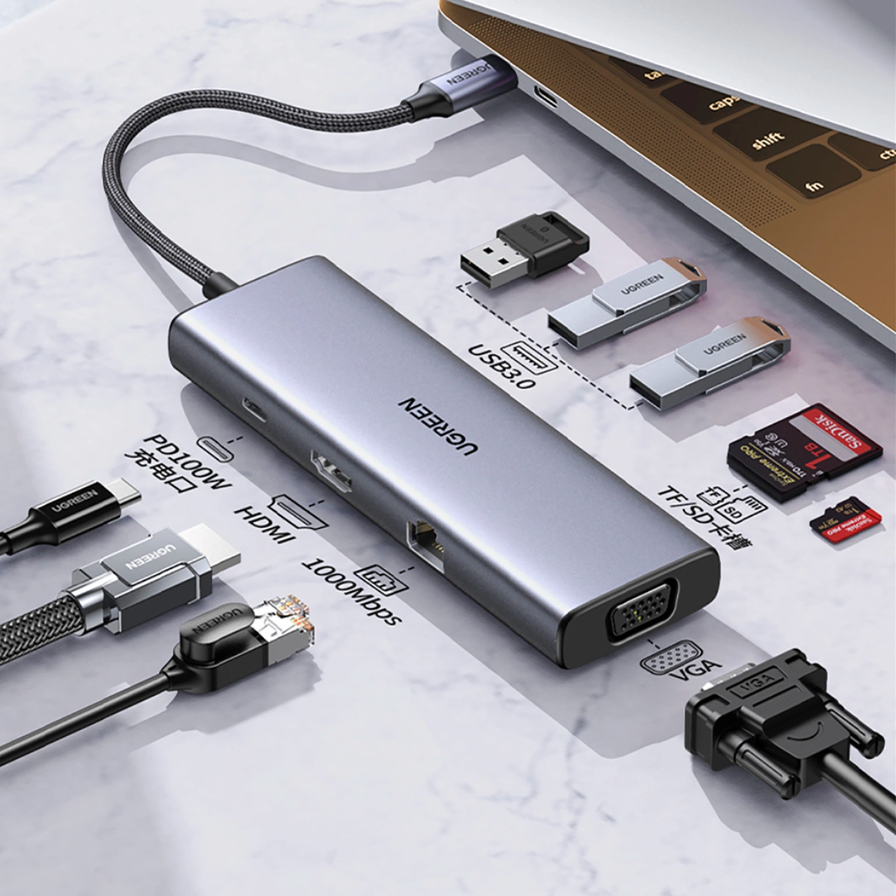 Ugreen CM498 15600 USB-C Adapter - 3x USB-A 3.0