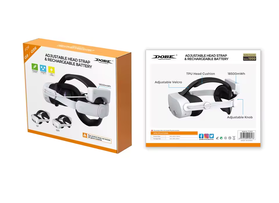 DOBE TY-3878 VR Headset Battery & Adjustable Headband for Meta Quest 3/3S – Power with Multi-Security Protection