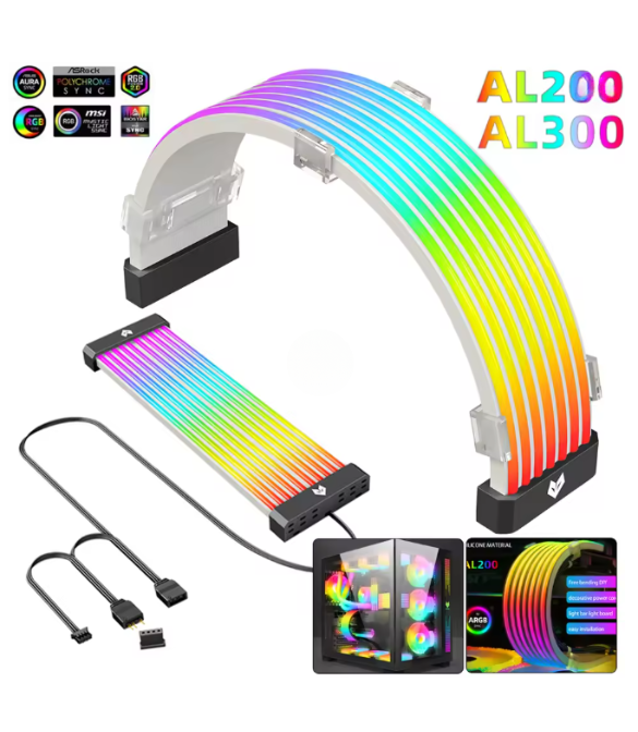 AL260/AL300 Neon Light Board ARGB Extension Cable for 3x8PIN GPU/24PIN Motherboard Bar 5V 3PIN ARGB Sync Flexible LED Strip - Black