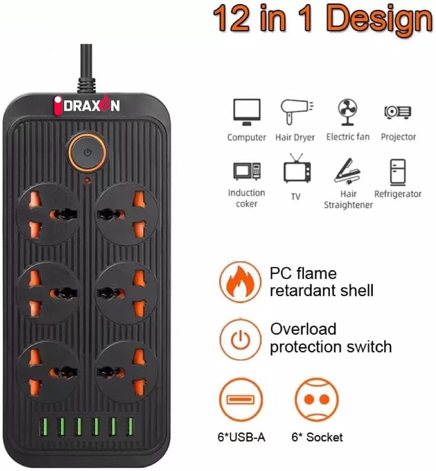Draxon Multi Plug Extension Cord Socket 6 Way Electrical Outlet Extender 4 USB Port A 2 Type-C Port Universal Plug Adapter Charging Station for Home Office Kitchen Individually Switched