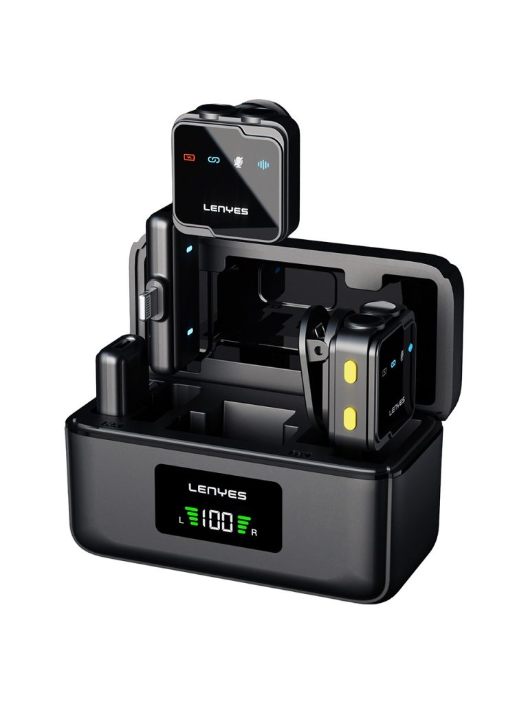 LENYES LM205 2in1 Wireless Lavalier Microphone with Type-C Charging Port Artificial Intelligence Noise Cancellation Type-C and Lightning Connector - Black