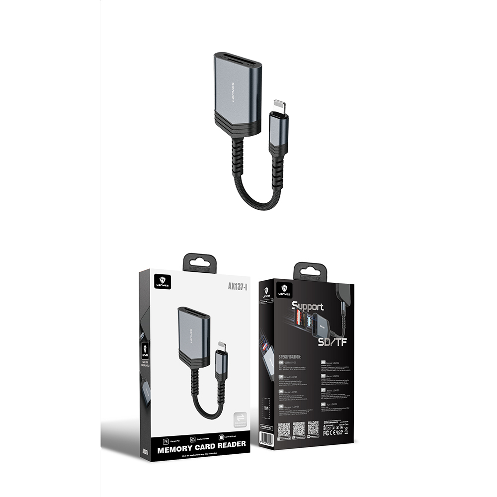 LENYES AX137-TC 2in1 Lightning to TF/SD Card Converter - Black LENYES AX137-TC 2in1 Lightning to TF/SD Card Converter - Black