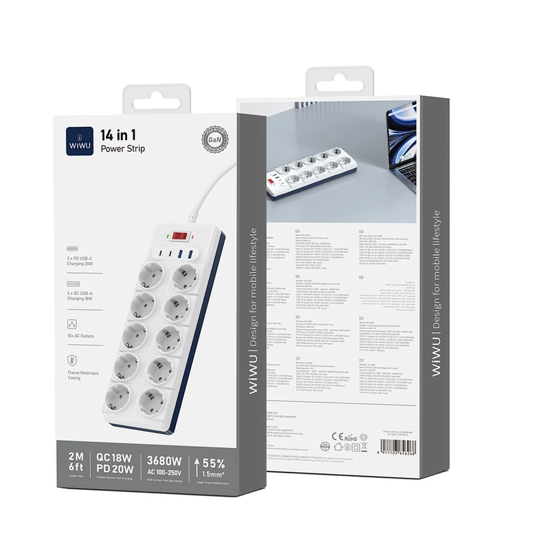 WIWU 14in1 20W GaN Power Strip 2C+2A+10AC - White