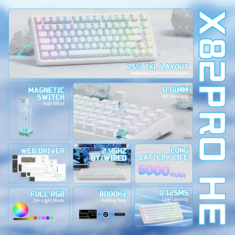 ATTACK SHARK X82 PRO HE Magnetic Switch Keyboard – White Contour Line