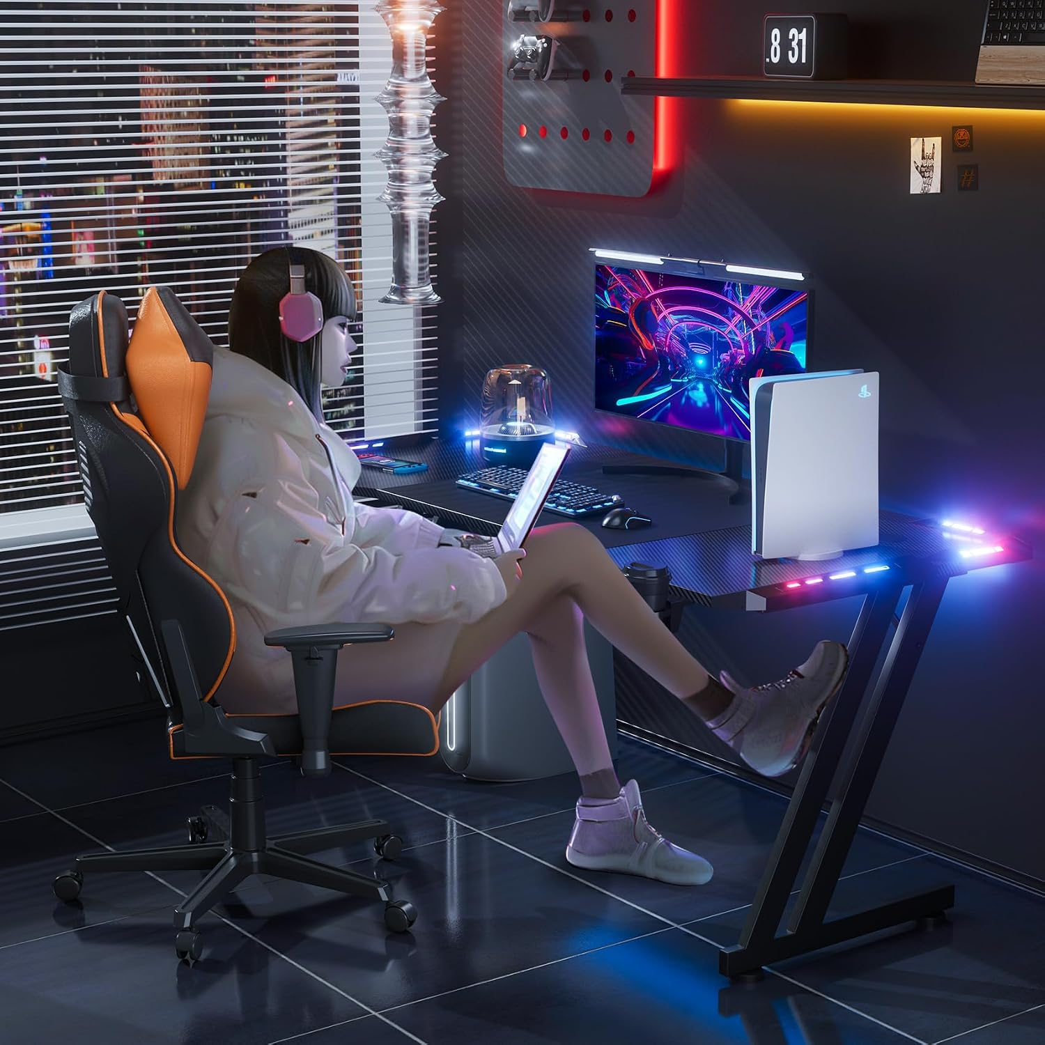 HLONONE Gaming Desk with LED, Carbon Fiber