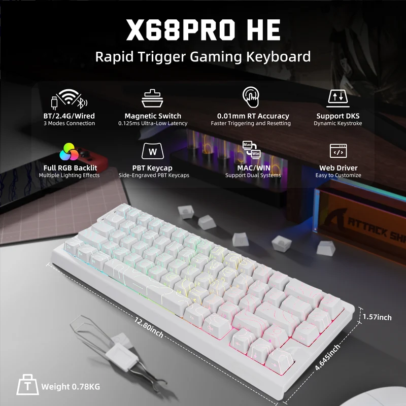 Attack Shark X68 Pro HE Tri-Mode Keyboard - White contour line