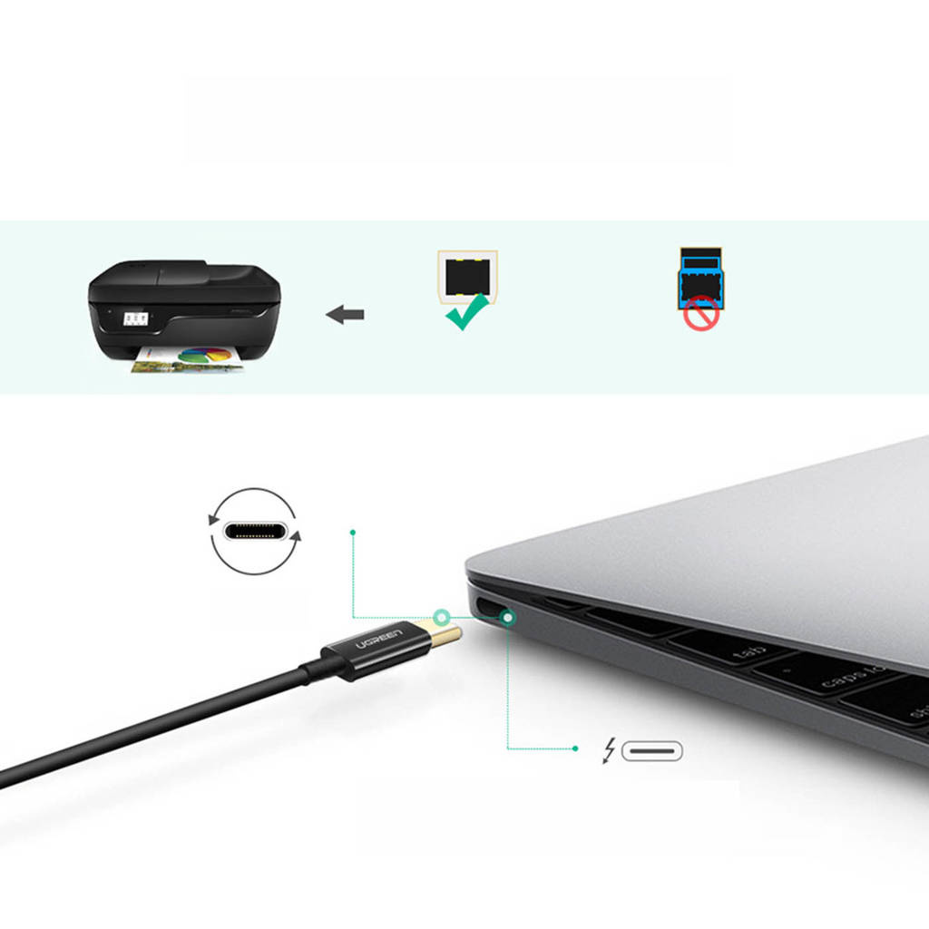 UGREEN USB-C to USB-B 2.0 Printer Cable 2m (Black）