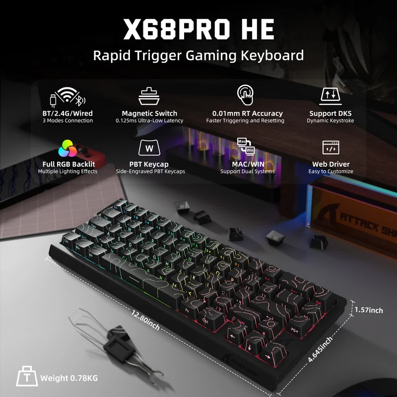 Attack Shark X68 Pro HE Tri-Mode Keyboard - Black contour line