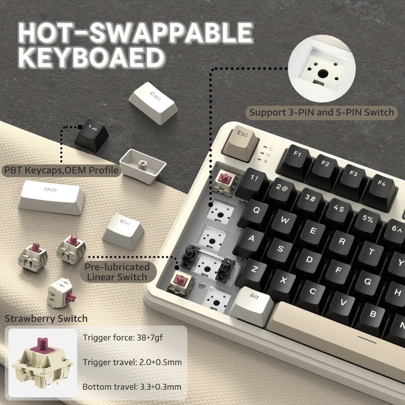 ATTACH SHARK X87 Triple-Mode: Bluetooth & 2.4 G & Type-C KEYBOARD CHEESE WHITE STRABERRY SWITCH