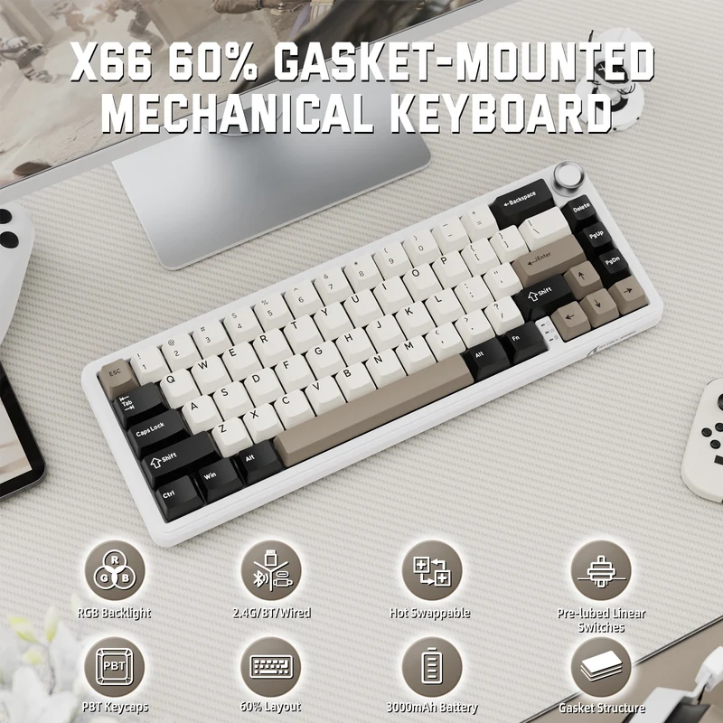ATTACK SHARK X66 Bluetooth & 2.4G Wireless & Type -C Wired KEYBOARD CHEESE WHITE -STAWBERRY SWITCH