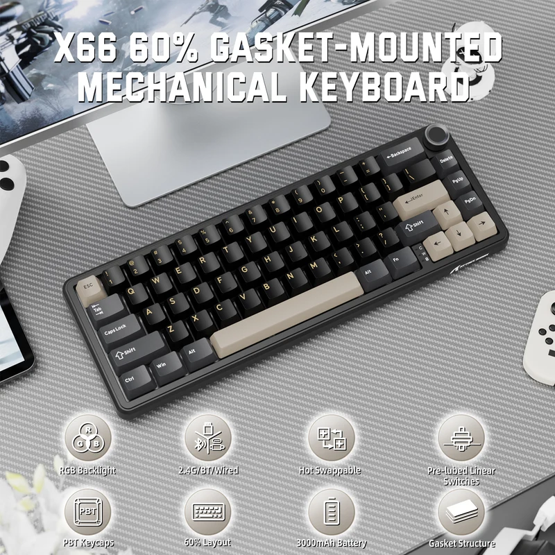 ATTACK SHARK X66 Bluetooth & 2.4G Wireless & Type -C Wired KEYBOARD STARRY BLACK -STAWBERRY SWITCH
