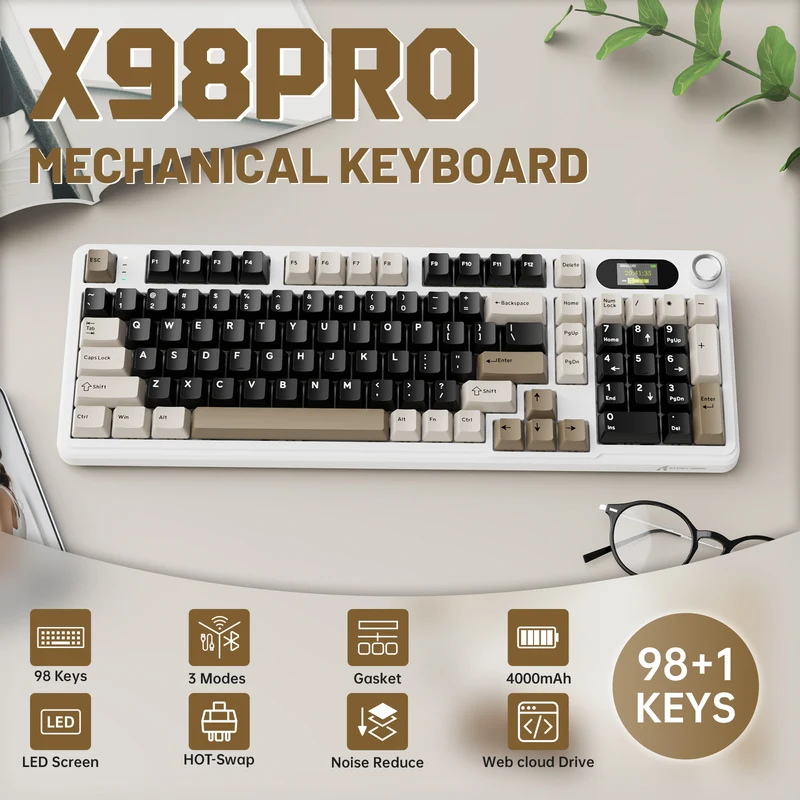 ATTACK SHARK X98 PRO Bluetooth & 2.4G Wireless & Wired KEYBOARD CHEES WHITE - BLUEBERRY SWITCH