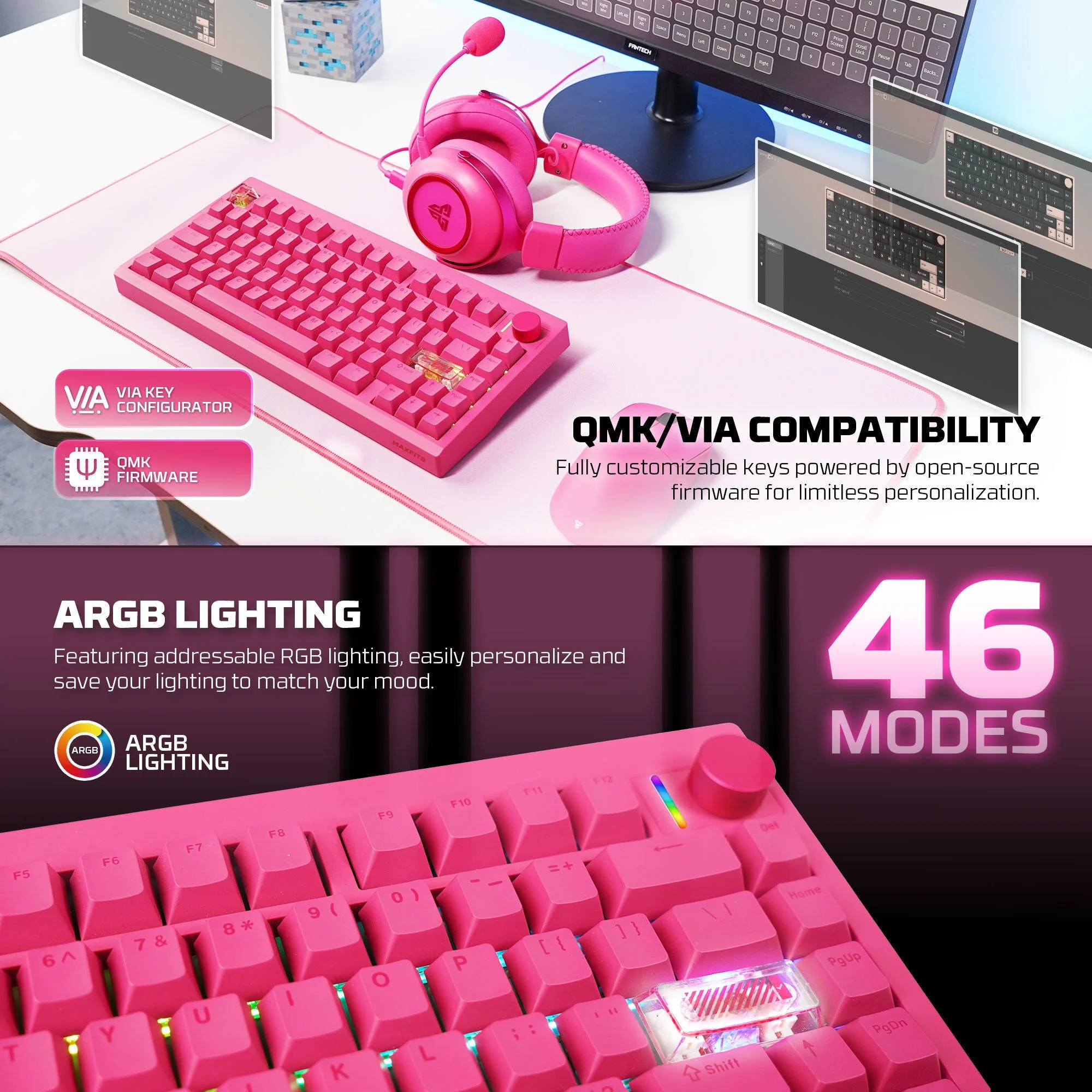 FANTECH MK921 MAXFIX QMK WILRESS MECHANICAL KEYBOARD PINK