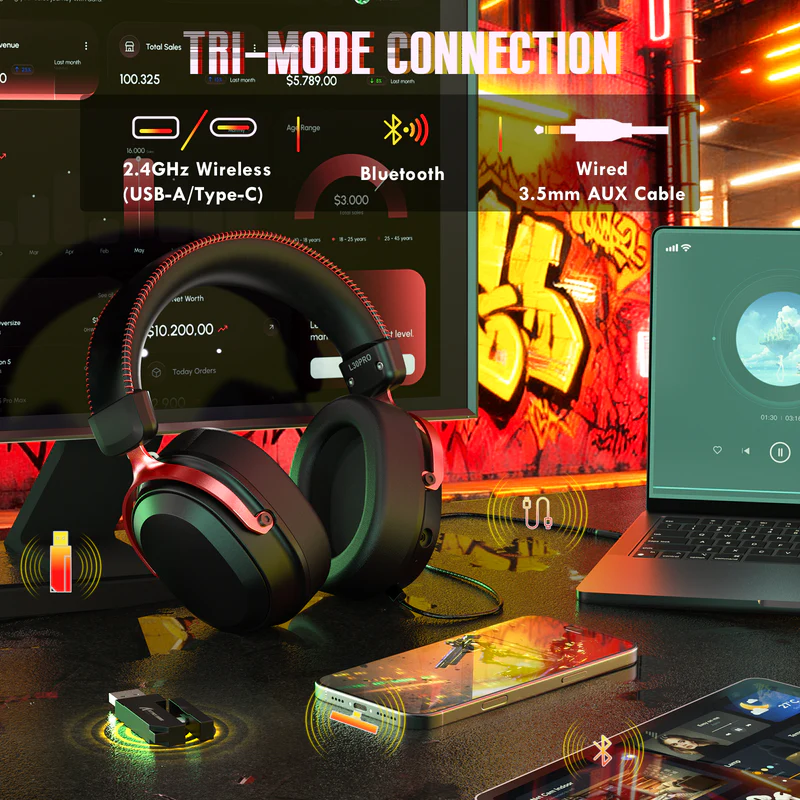 Attack Shark L30Pro Wireless Gaming Headset - Red Black