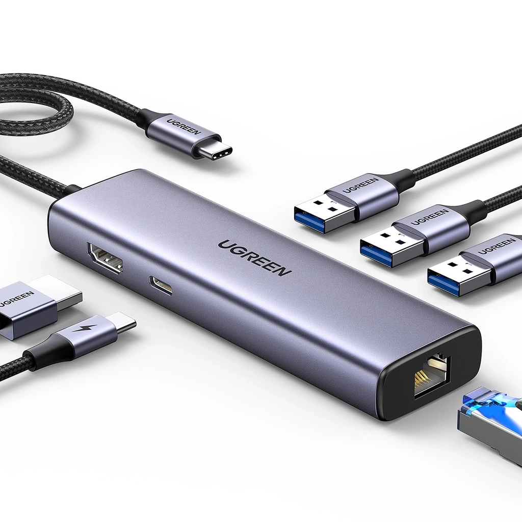 UGREEN 6 IN 1 USB-C to 3*USB 3.0 A + HDMI  4K@30Hz  + RJ45 Gigabit + PD Multifunction  Adapter