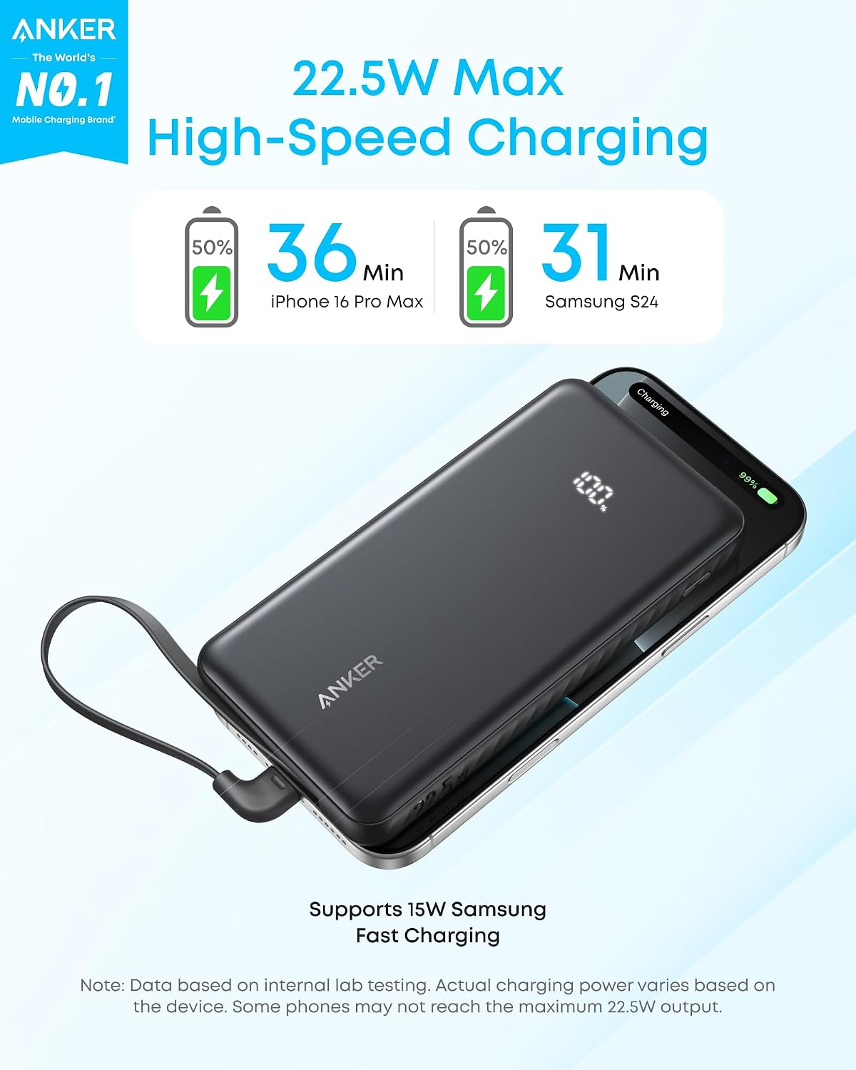 Anker Zolo Power Bank 10K 22.5W – Built-In USB-C Cable, Black