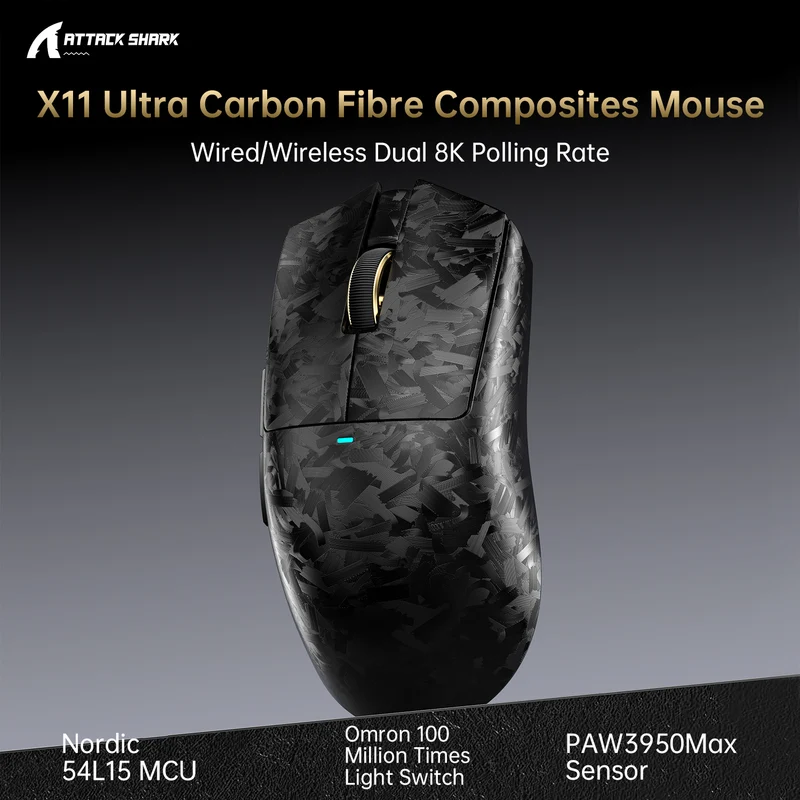ATTACK SHARK X11 ULTRA MOUSE  PAW3950MAX  NORDIC 54L15 TRI MODE CARBON BLACK