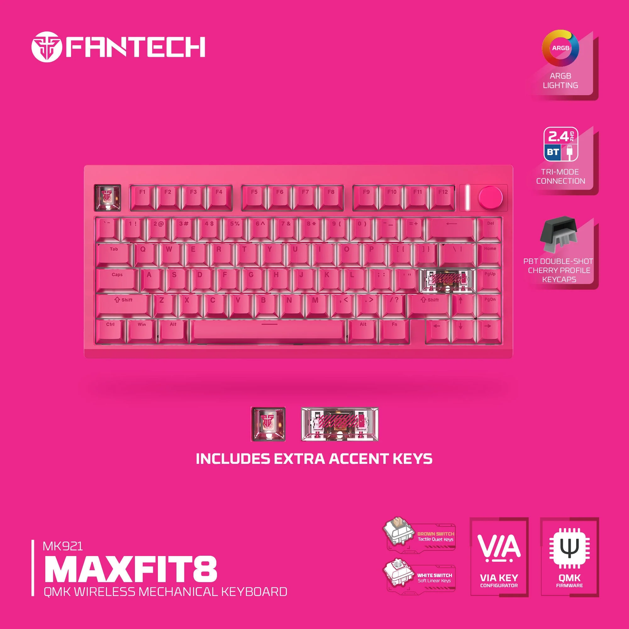 FANTECH MK921 MAXFIX QMK WILRESS MECHANICAL KEYBOARD PINK