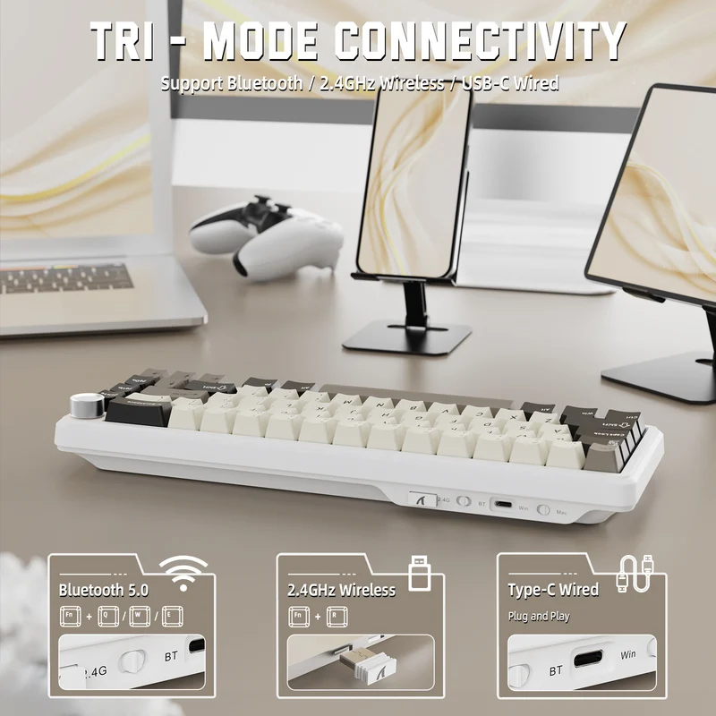 ATTACK SHARK X66 Bluetooth & 2.4G Wireless & Type -C Wired KEYBOARD CHEESE WHITE -STAWBERRY SWITCH