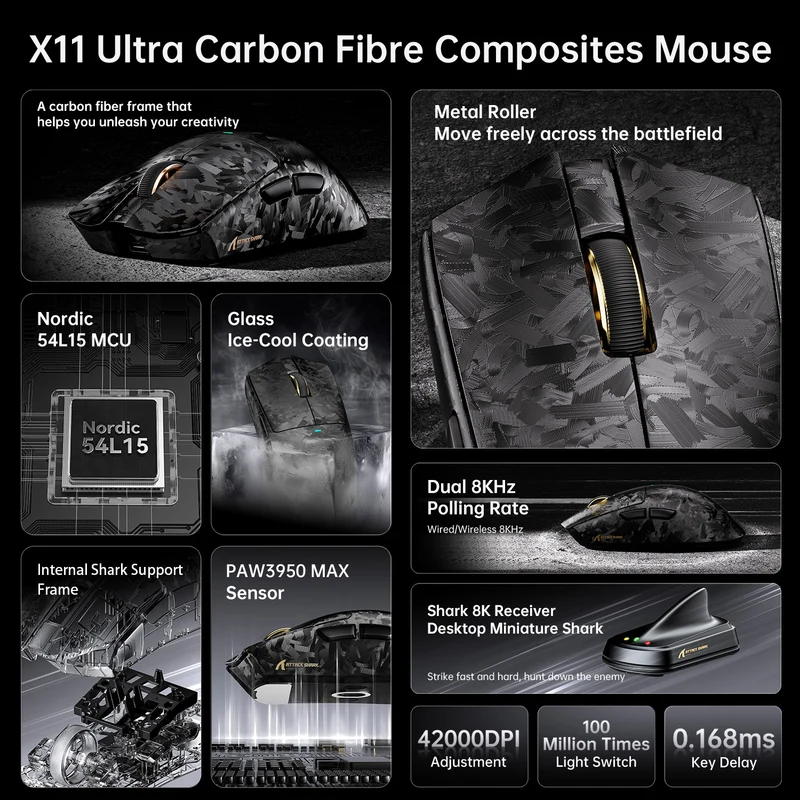 ATTACK SHARK X11 ULTRA MOUSE  PAW3950MAX  NORDIC 54L15 TRI MODE CARBON BLACK