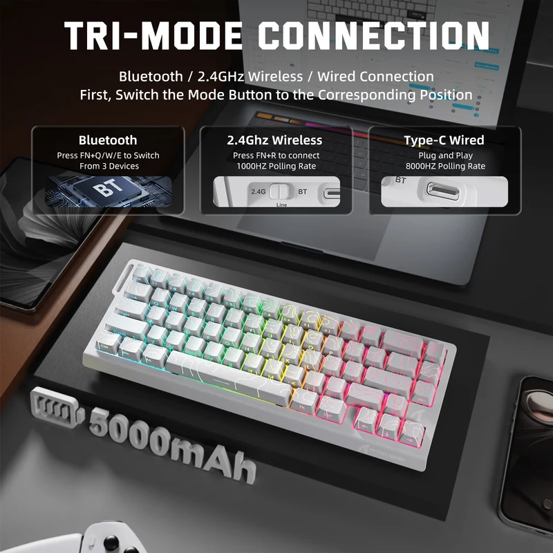 Attack Shark X68 Pro HE Tri-Mode Keyboard - White contour line