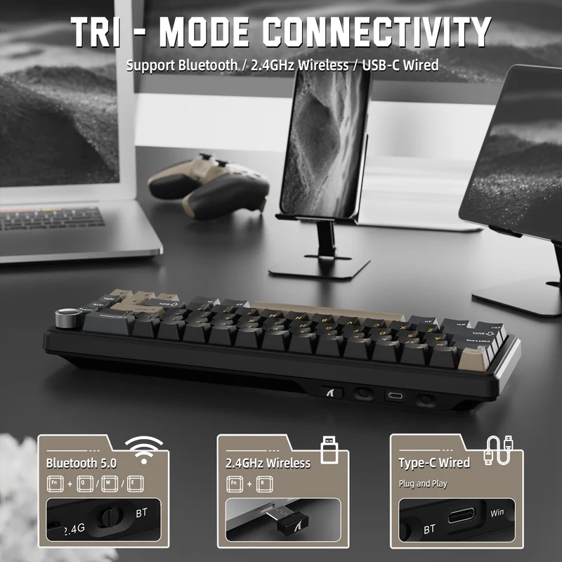ATTACK SHARK X66 Bluetooth & 2.4G Wireless & Type -C Wired KEYBOARD STARRY BLACK -STAWBERRY SWITCH