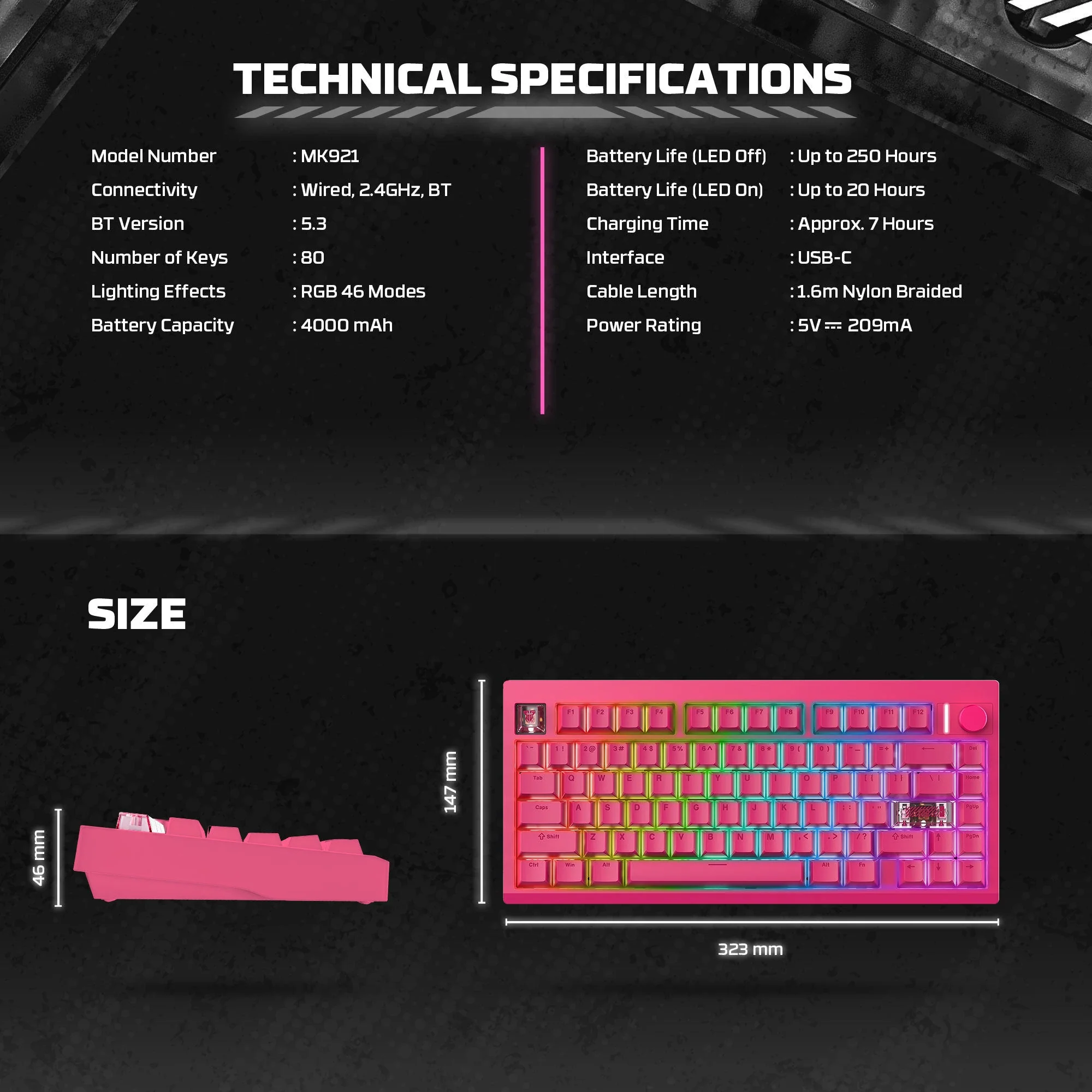 FANTECH MK921 MAXFIX QMK WILRESS MECHANICAL KEYBOARD PINK
