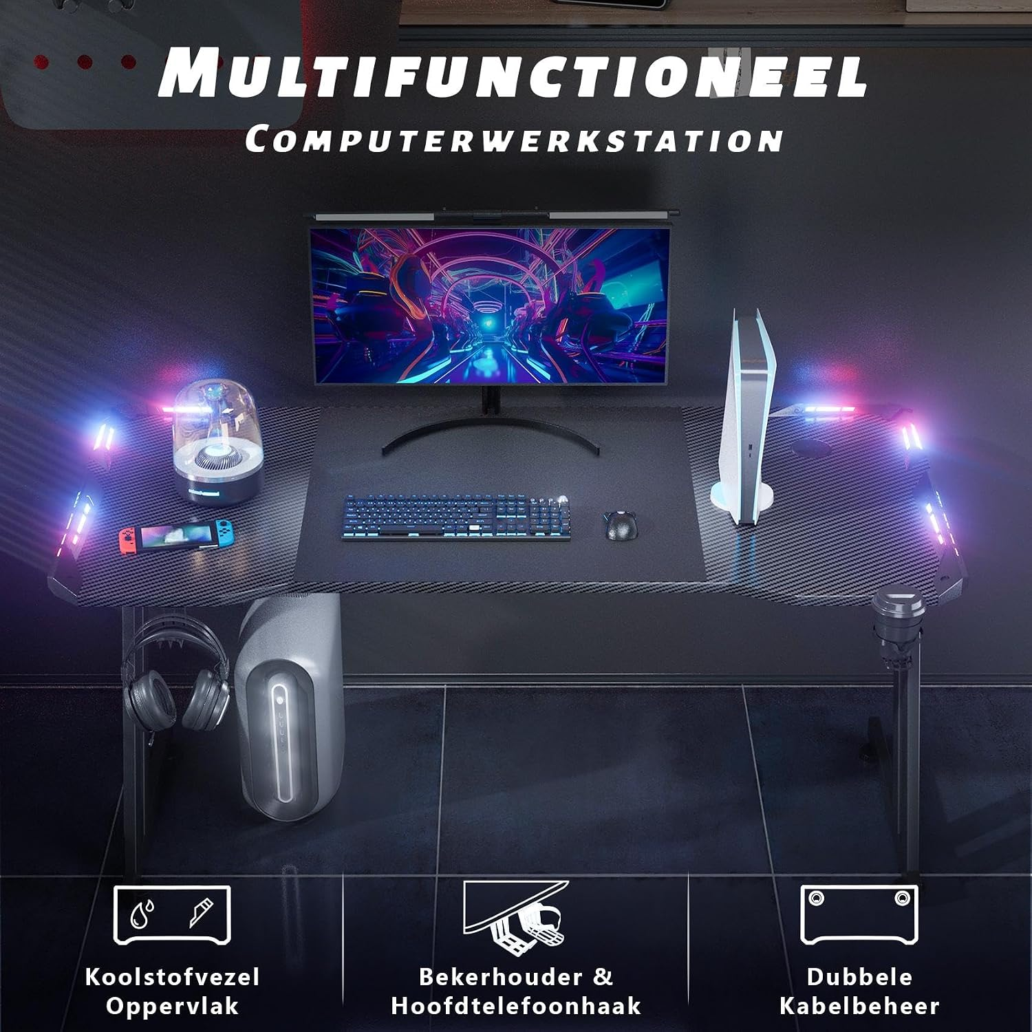 HLONONE Gaming Desk with LED, Carbon Fiber