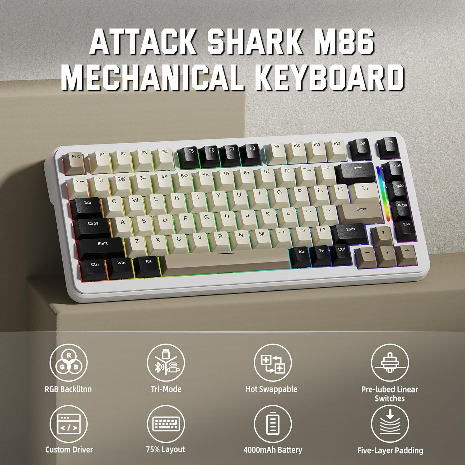 ATTACK SHARK M86 Tri-mode Gasket Blueberry switch Mechanical Keyboard - Cheese White